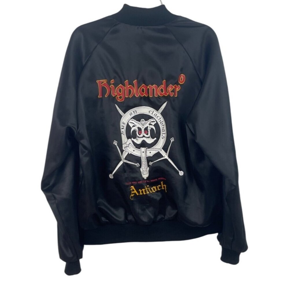 Highlander Antioch Vintage Satin Jacket Black Embroidered Lettering Mens Large